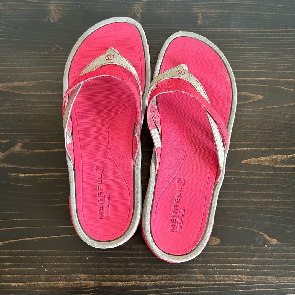 Merrell Rose Red Women Sandals Size 10 Flat Thong Pink Gray Leather Slip On